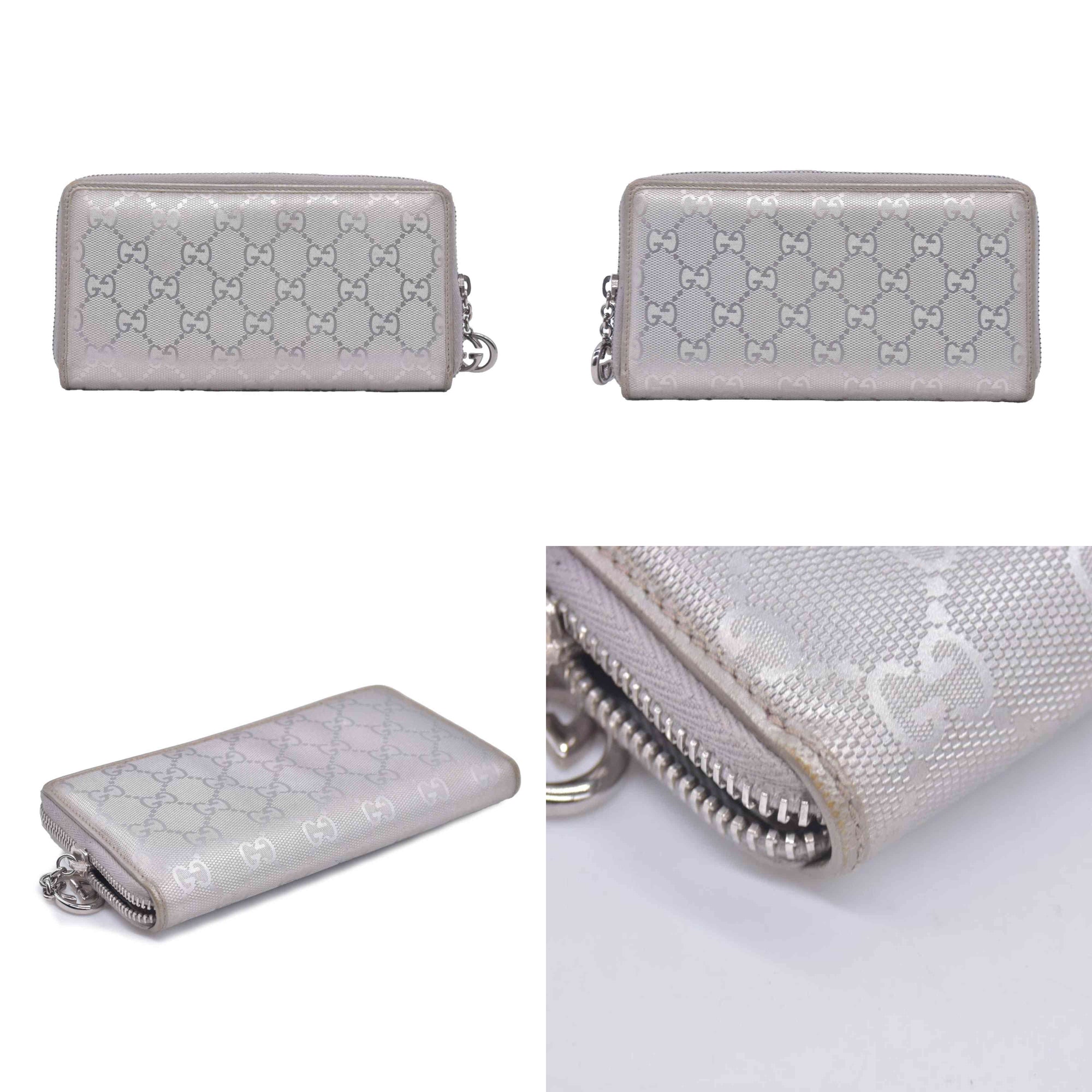 $770 2005 GUCCI GG Monogram Canvas GG Monogram Zip Around Wallet Wallet Metallic Grey CONSIGNMENT 10020940
