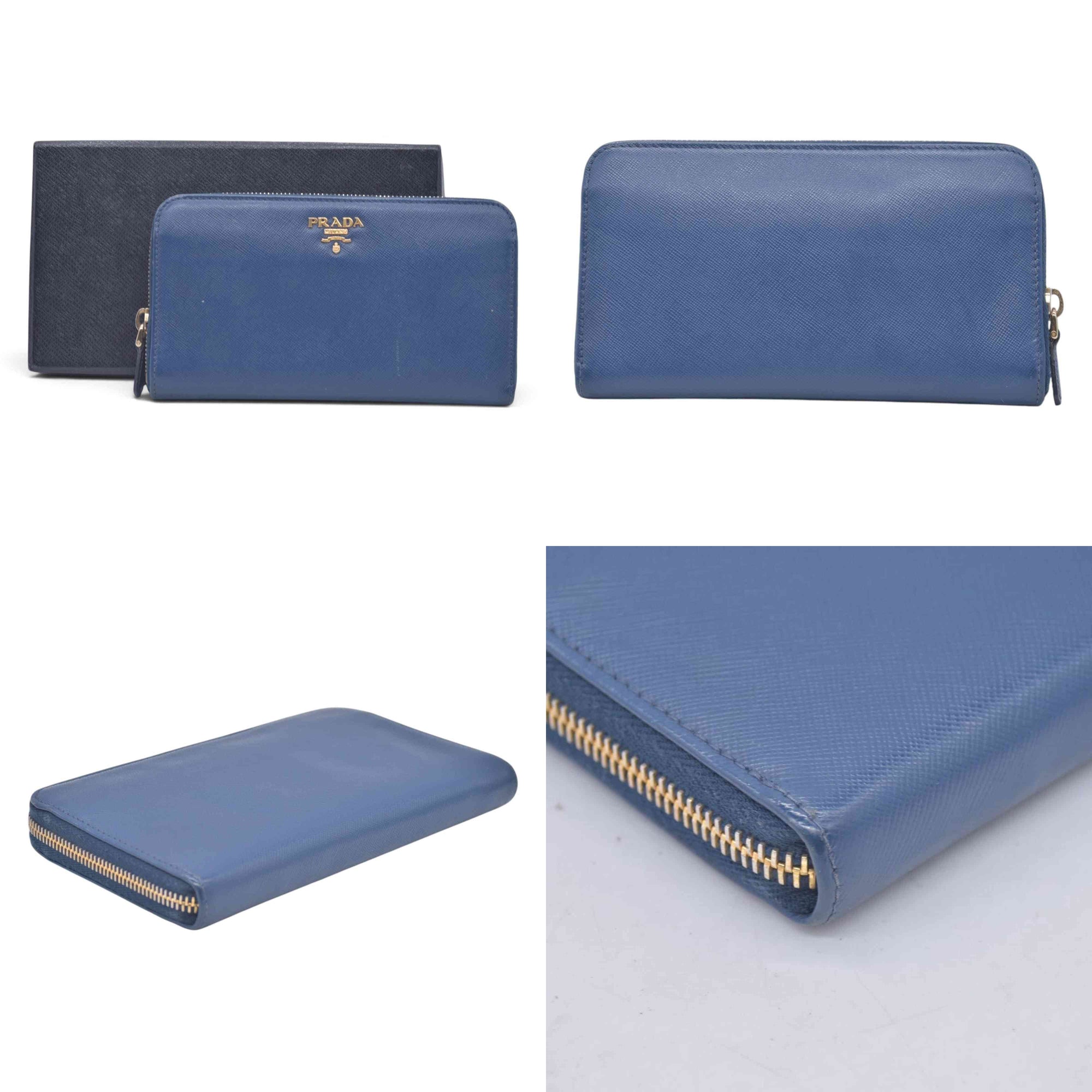 $790 PRADA Saffiano Metal Logo Zip Around Long Wallet Blue CONSIGNMENT 10021520