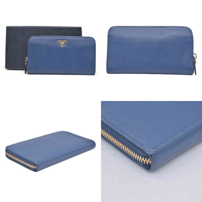 $790 PRADA Saffiano Metal Logo Zip Around Long Wallet Blue CONSIGNMENT 10021520
