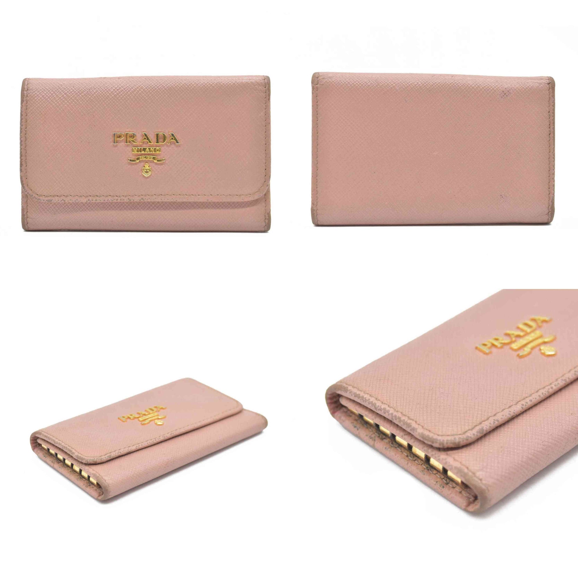 $345 Prada Saffiano Metal 6 Key Holder Beige Pink