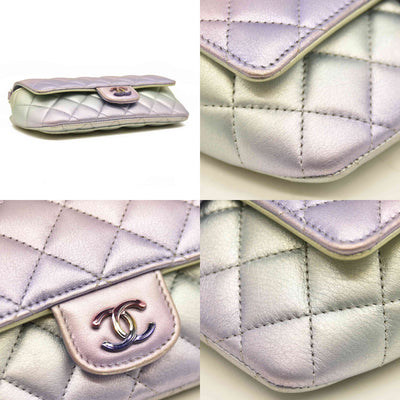 Chanel Gradient Metallic Calfskin Quilted Glasses Case With Chain Silver Blue Yellow Purple