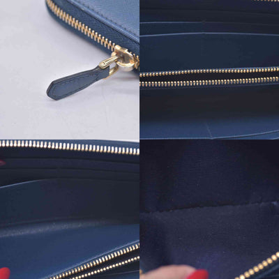 $790 PRADA Saffiano Metal Logo Zip Around Long Wallet Blue CONSIGNMENT 10021520