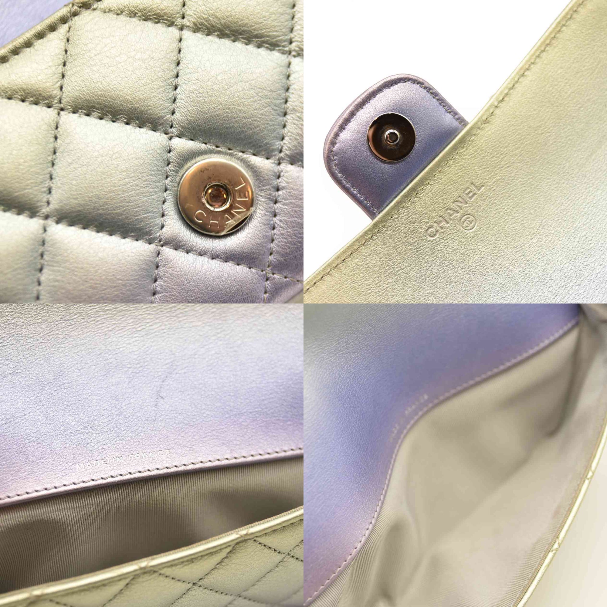 Chanel Gradient Metallic Calfskin Quilted Glasses Case With Chain Silver Blue Yellow Purple