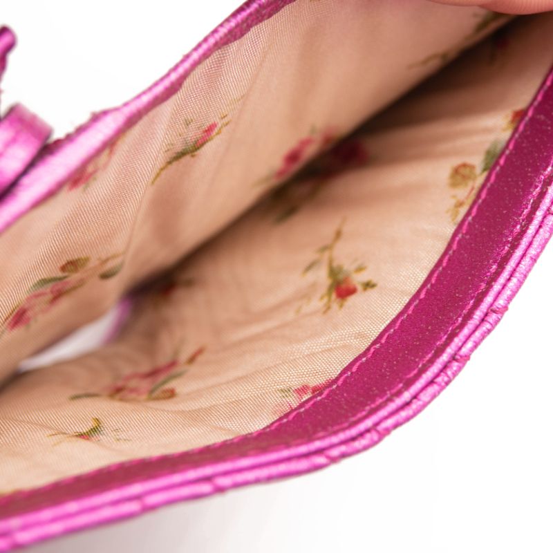 Gucci Metallic Calfskin Matelasse Crystal GG Marmont Wallet Fuchsia