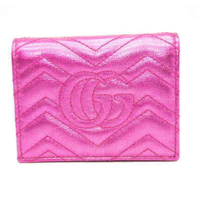 Gucci Metallic Calfskin Matelasse Crystal GG Marmont Wallet Fuchsia
