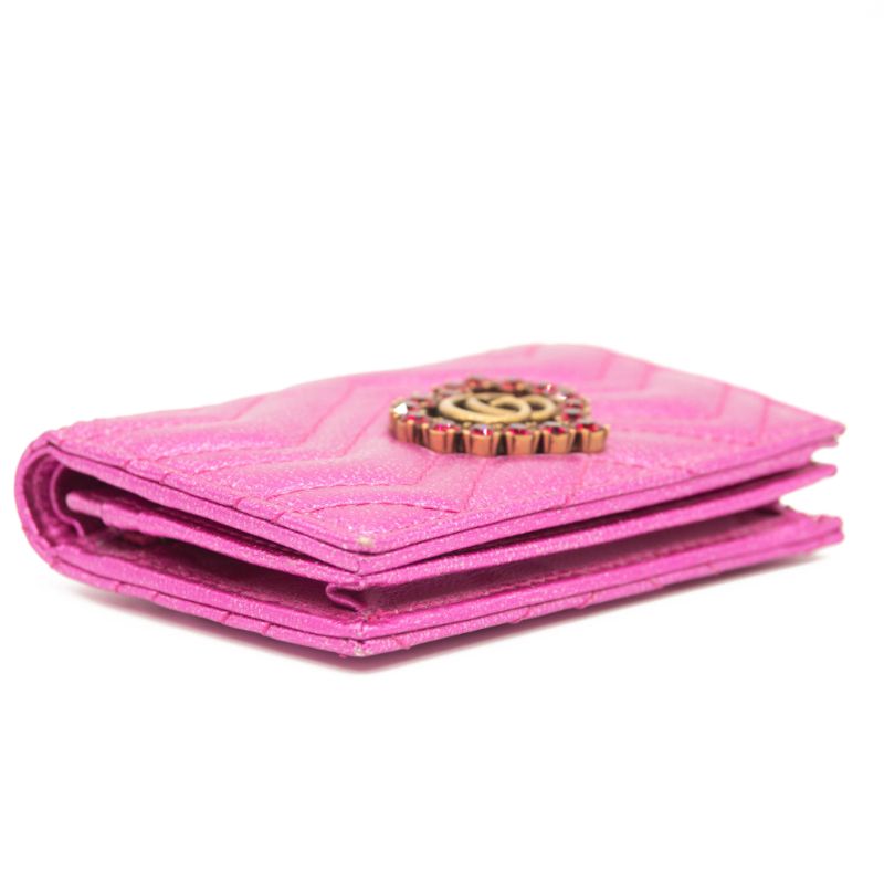 Gucci Metallic Calfskin Matelasse Crystal GG Marmont Wallet Fuchsia