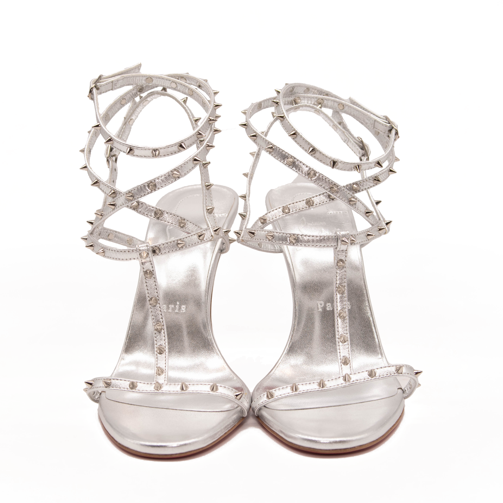 NEW $1095 Christian Louboutin Bombina Spikes Metallic Sandal in Silver 95mm EU 38.5