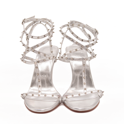 NEW $1095 Christian Louboutin Bombina Spikes Metallic Sandal in Silver 95mm EU 38.5