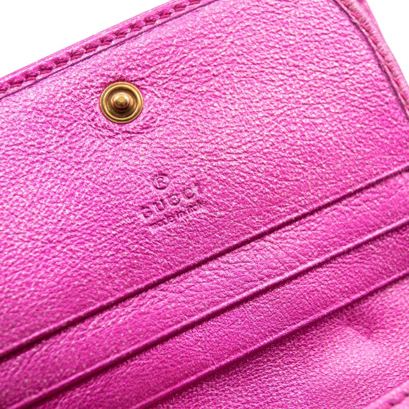Gucci Metallic Calfskin Matelasse Crystal GG Marmont Wallet Fuchsia