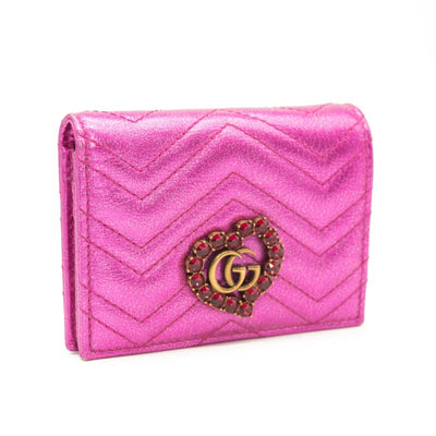 Gucci Metallic Calfskin Matelasse Crystal GG Marmont Wallet Fuchsia