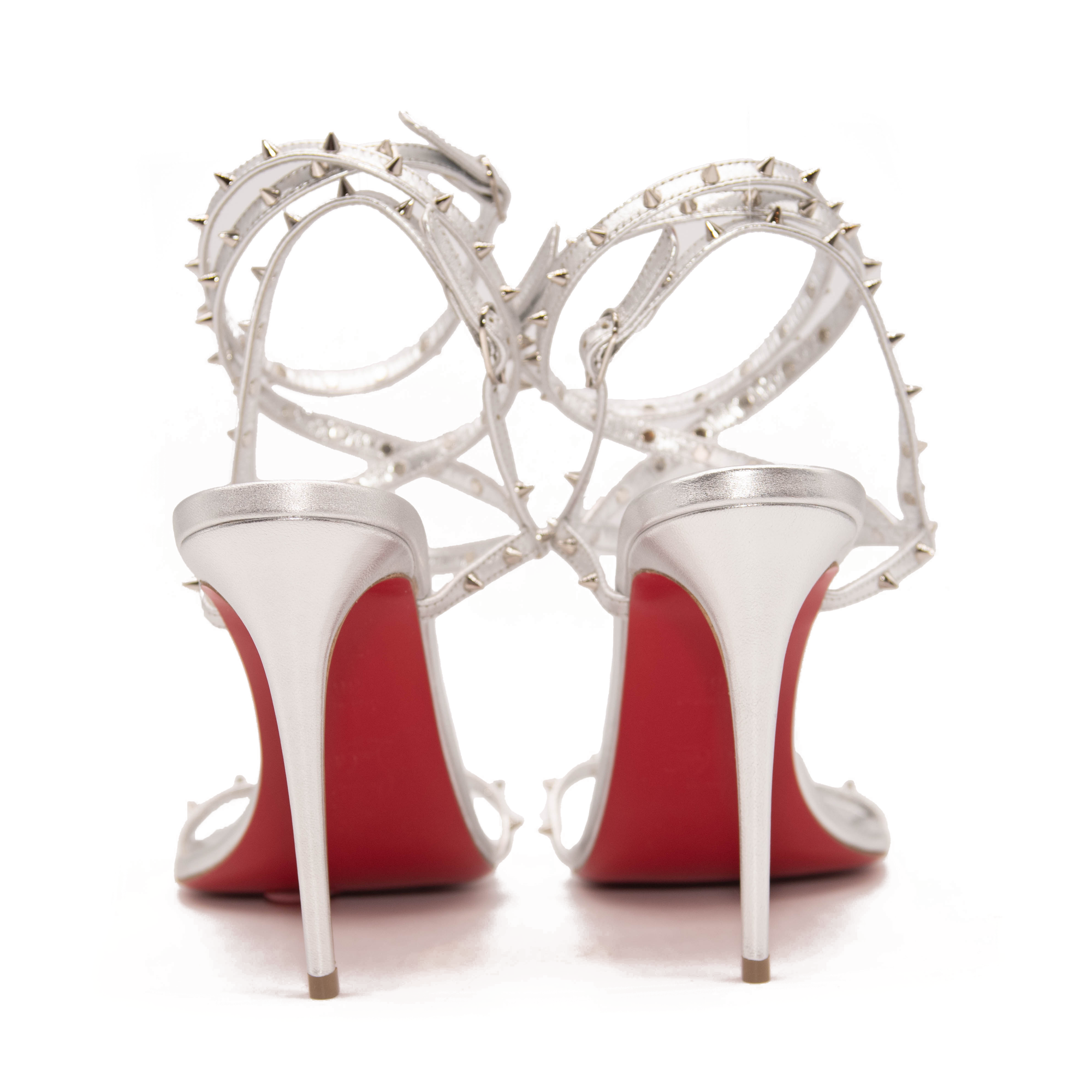 NEW $1095 Christian Louboutin Bombina Spikes Metallic Sandal in Silver 95mm EU 38.5