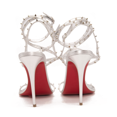 NEW $1095 Christian Louboutin Bombina Spikes Metallic Sandal in Silver 95mm EU 38.5