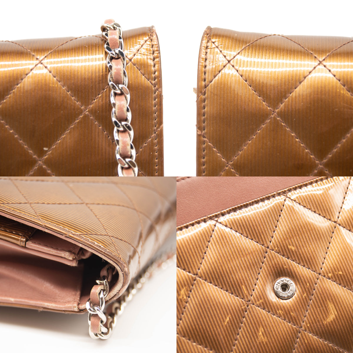 Chanel Patent Quilted Wallet On Chain WOC Brown Metallic Bronze CC