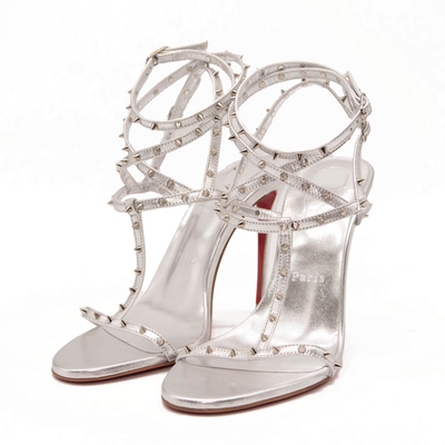 NEW $1095 Christian Louboutin Bombina Spikes Metallic Sandal in Silver 95mm EU 38.5