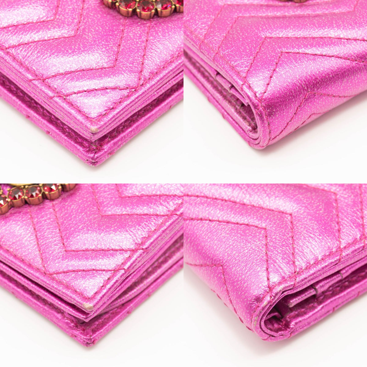 Gucci Metallic Calfskin Matelasse Crystal GG Marmont Wallet Fuchsia