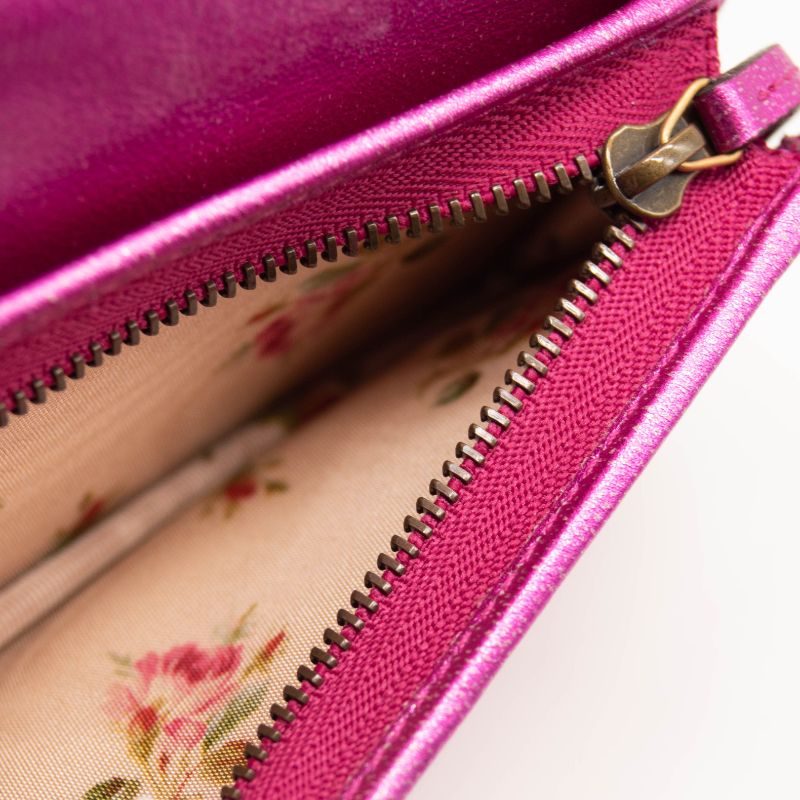 Gucci Metallic Calfskin Matelasse Crystal GG Marmont Wallet Fuchsia