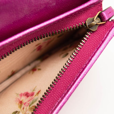 Gucci Metallic Calfskin Matelasse Crystal GG Marmont Wallet Fuchsia