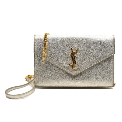Saint Laurent Monogram Metallic Leather Wallet-on-Chain Bag Silver