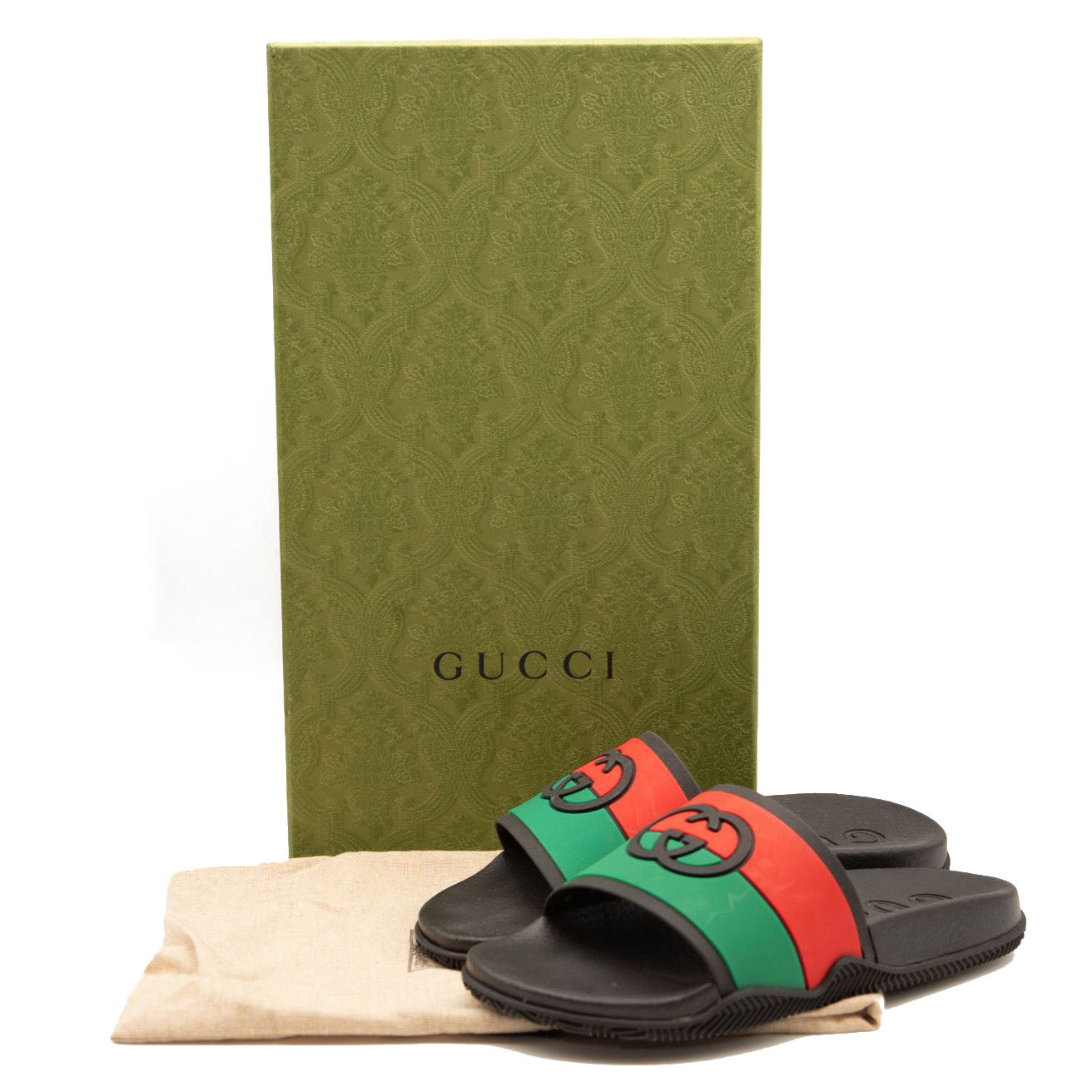 NEW GUCCI Rubber Web Womens Interlocking G Slide Sandals 36 Black Green Red