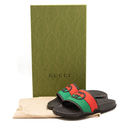 NEW GUCCI Rubber Web Womens Interlocking G Slide Sandals 36 Black Green Red