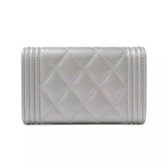 Chanel Silver Boy Metallic Caviar Quilted Card Holder Wallet