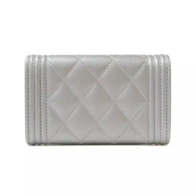 Chanel Silver Boy Metallic Caviar Quilted Card Holder Wallet