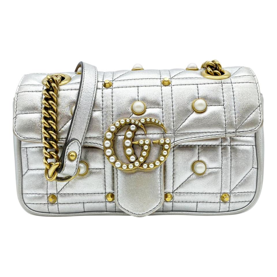 Gucci Marmont Metallic Matelasse Pearly Mini Gg Silver Leather Shoulder Bag