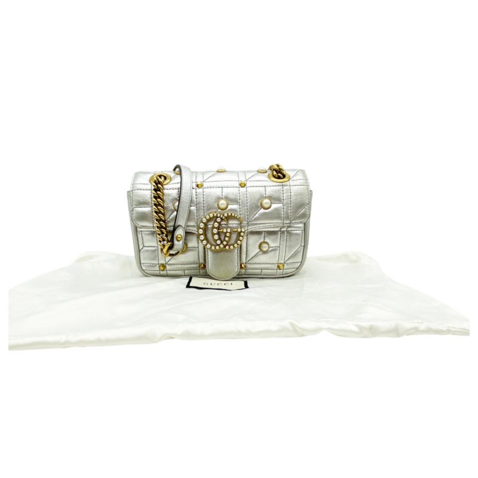 Gucci Marmont Metallic Matelasse Pearly Mini Gg Silver Leather Shoulder Bag
