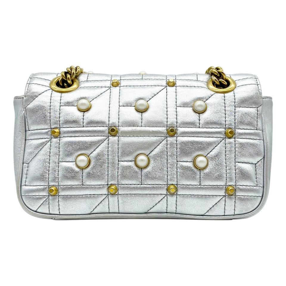 Gucci Marmont Metallic Matelasse Pearly Mini Gg Silver Leather Shoulder Bag