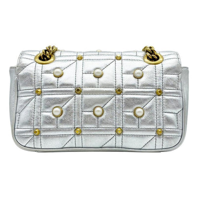 Gucci Marmont Metallic Matelasse Pearly Mini Gg Silver Leather Shoulder Bag