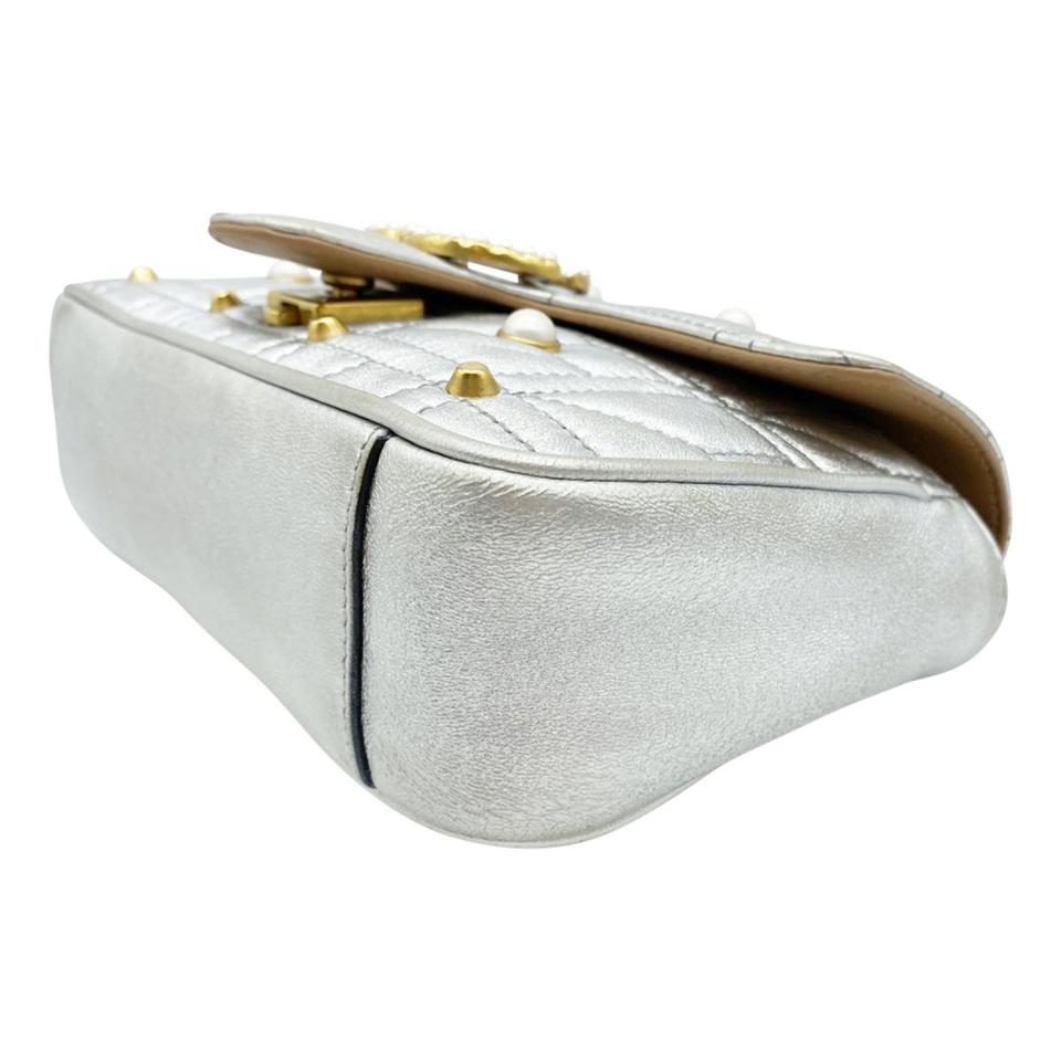 Gucci Marmont Metallic Matelasse Pearly Mini Gg Silver Leather Shoulder Bag