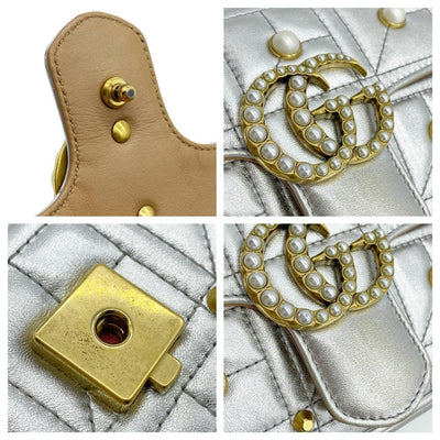 Gucci Marmont Metallic Matelasse Pearly Mini Gg Silver Leather Shoulder Bag