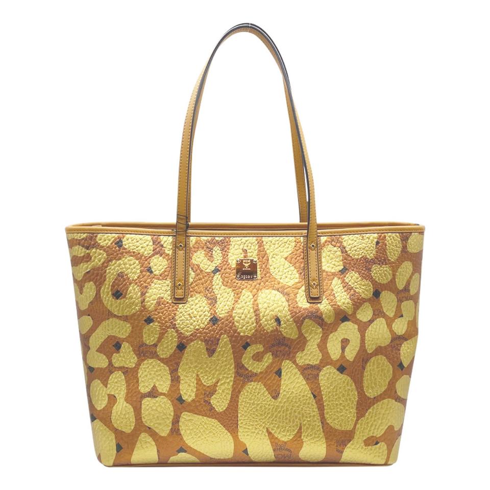 MCM Anya Metallic Leopard Print Coated Canvas Cognac Brown Leather Tote