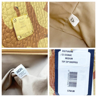 MCM Anya Metallic Leopard Print Coated Canvas Cognac Brown Leather Tote