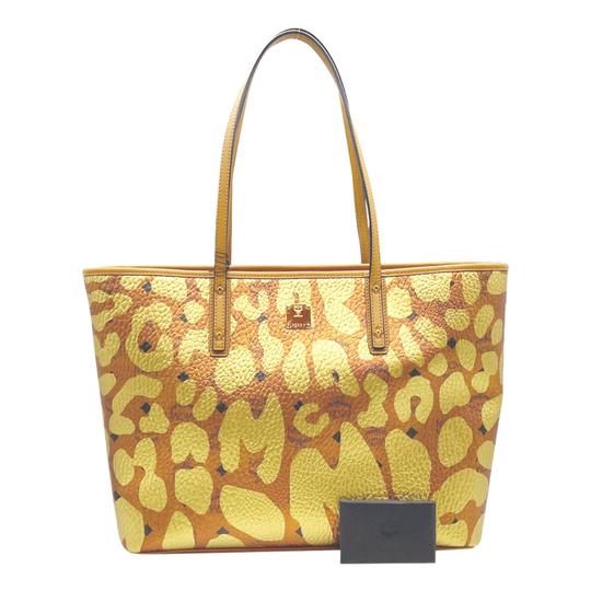 MCM Anya Metallic Leopard Print Coated Canvas Cognac Brown Leather Tote
