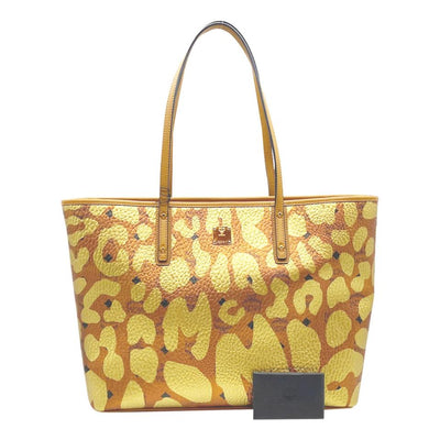 MCM Anya Metallic Leopard Print Coated Canvas Cognac Brown Leather Tote