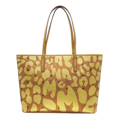 MCM Anya Metallic Leopard Print Coated Canvas Cognac Brown Leather Tote