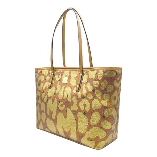 MCM Anya Metallic Leopard Print Coated Canvas Cognac Brown Leather Tote