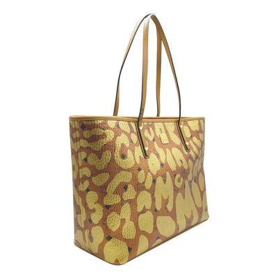 MCM Anya Metallic Leopard Print Coated Canvas Cognac Brown Leather Tote