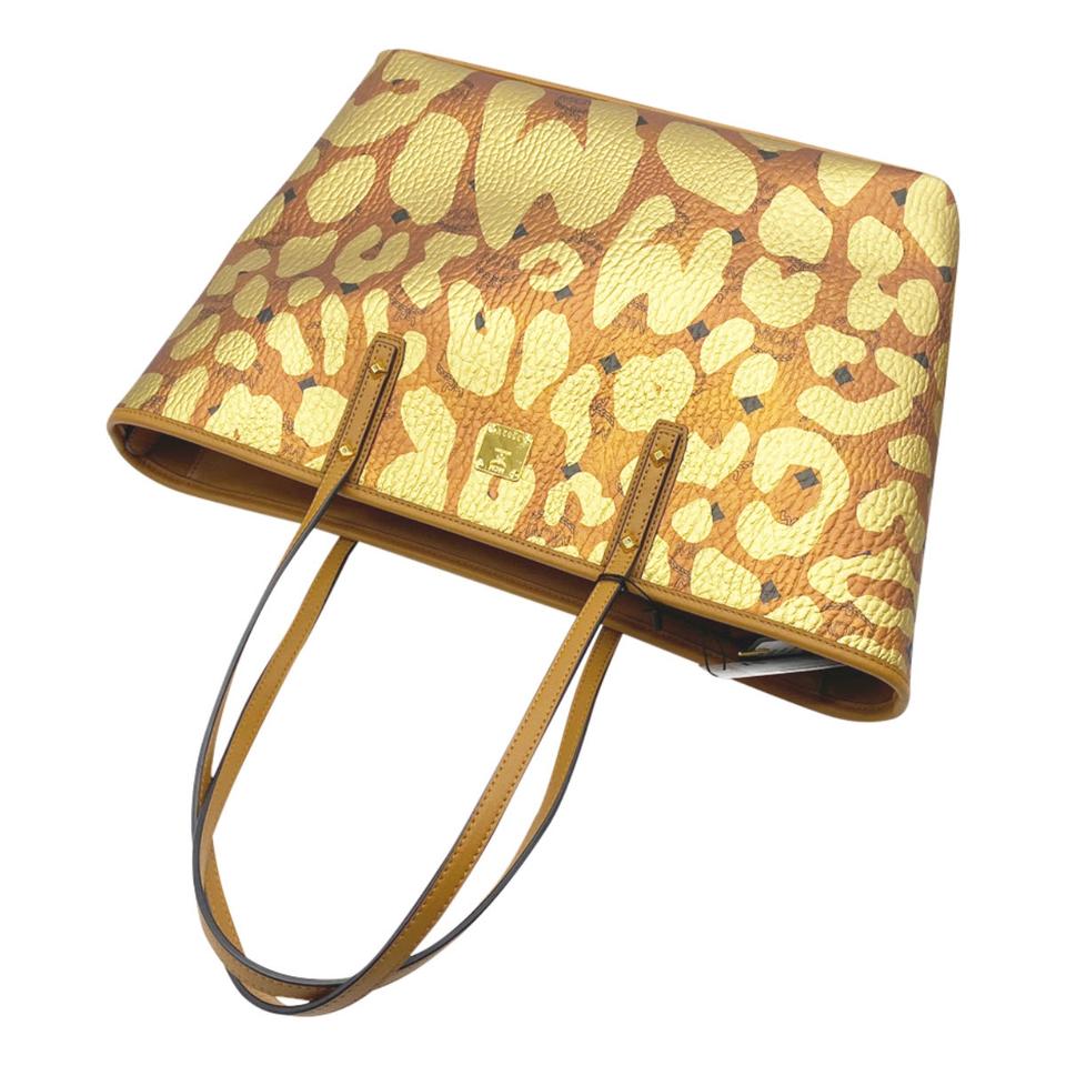 MCM Anya Metallic Leopard Print Coated Canvas Cognac Brown Leather Tote