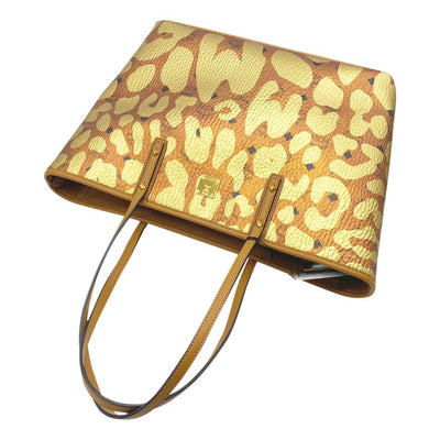 MCM Anya Metallic Leopard Print Coated Canvas Cognac Brown Leather Tote