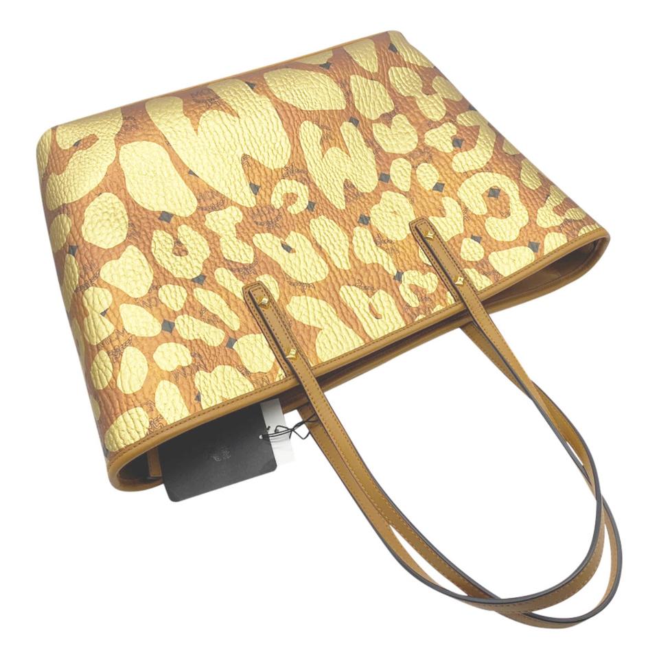 MCM Anya Metallic Leopard Print Coated Canvas Cognac Brown Leather Tote