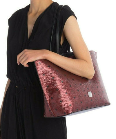 MCM Diamond Visetos Metallic Red Coated Canvas Tote