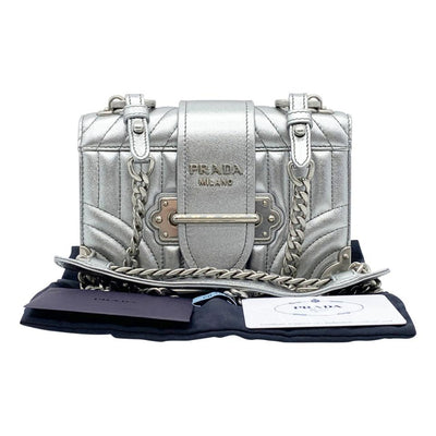 Prada Crossbody Cahier Quilted Metallic Silver Leather Shoulder Bag