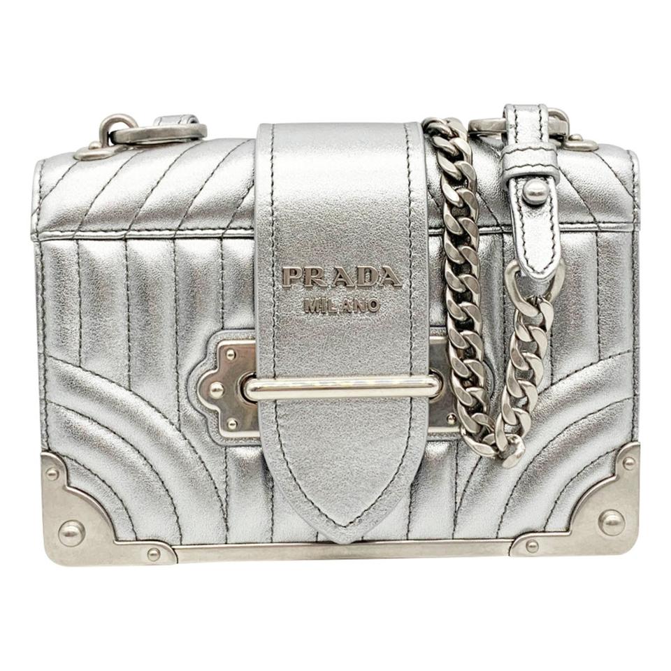 Prada Crossbody Cahier Quilted Metallic Silver Leather Shoulder Bag