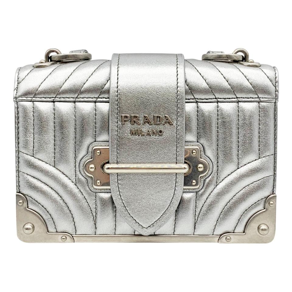 Prada Crossbody Cahier Quilted Metallic Silver Leather Shoulder Bag