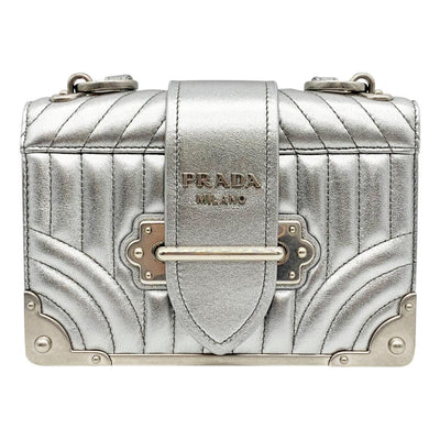 Prada Crossbody Cahier Quilted Metallic Silver Leather Shoulder Bag