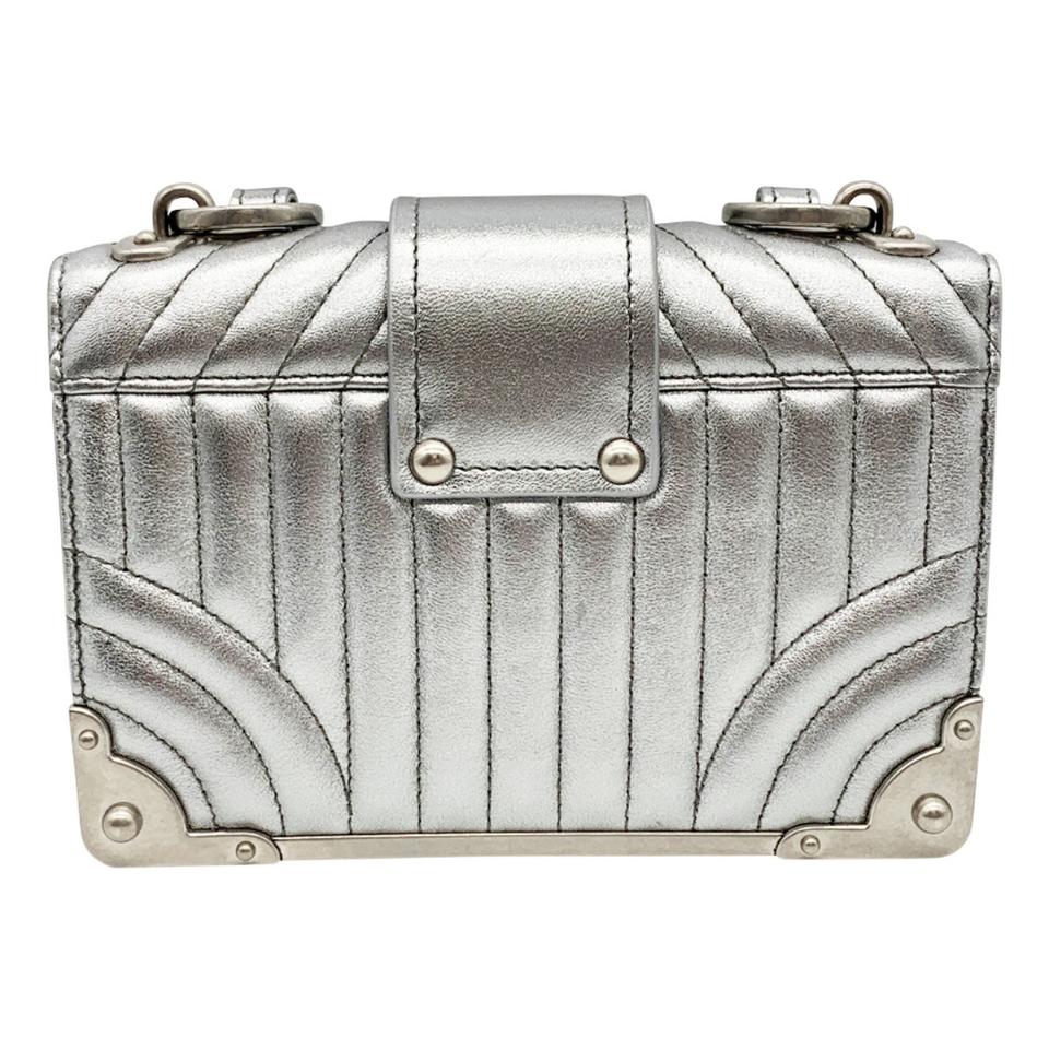 Prada Crossbody Cahier Quilted Metallic Silver Leather Shoulder Bag