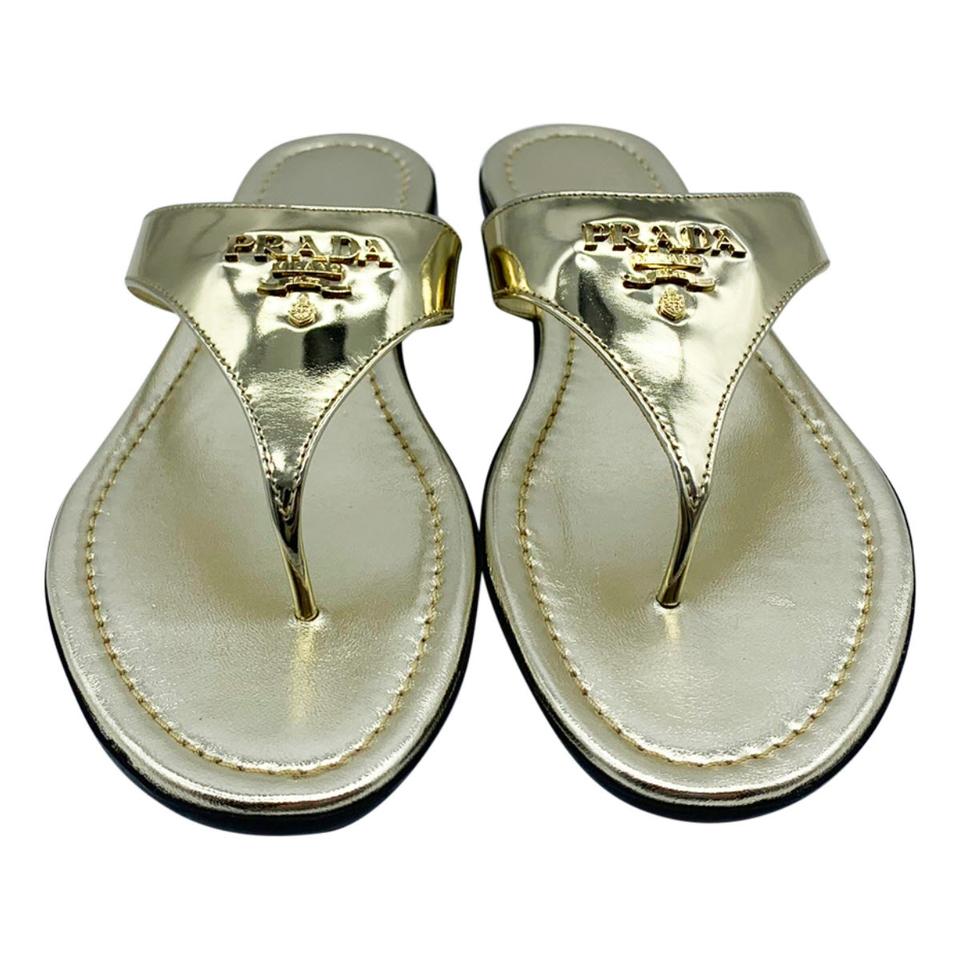 Prada Gold Logo Flip Flop Metallic Sandals 38.5
