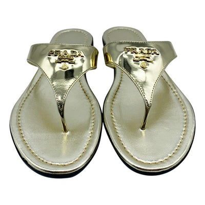 Prada Gold Logo Flip Flop Metallic Sandals 38.5